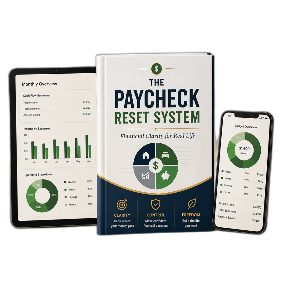 The Paycheck Reset System — book, planner and dashboard preview